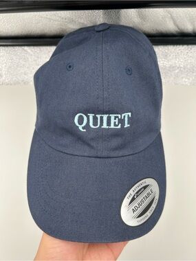 The Classic Navy Blue 'QUIET' Embroidered Baseball Cap with Light Blue Lettering